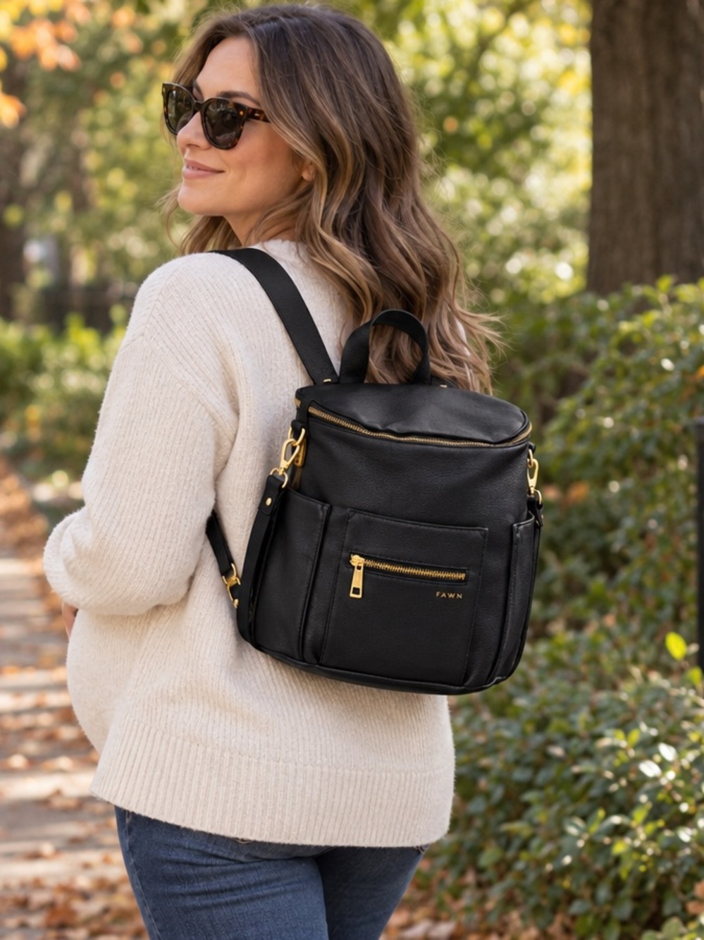Fawn Design Black Leather Convertible Backpack with Gold Hardware